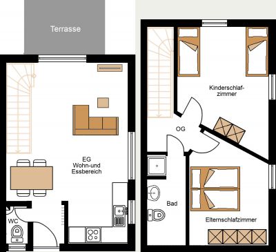 Grundriss Erdgeschoss (li.) und Obergeschoss (re.)