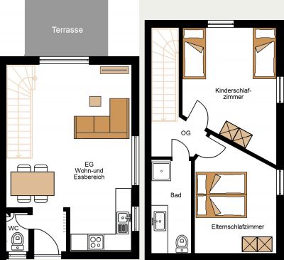 Grundriss Erdgeschoss (li.) und Obergeschoss (re.)